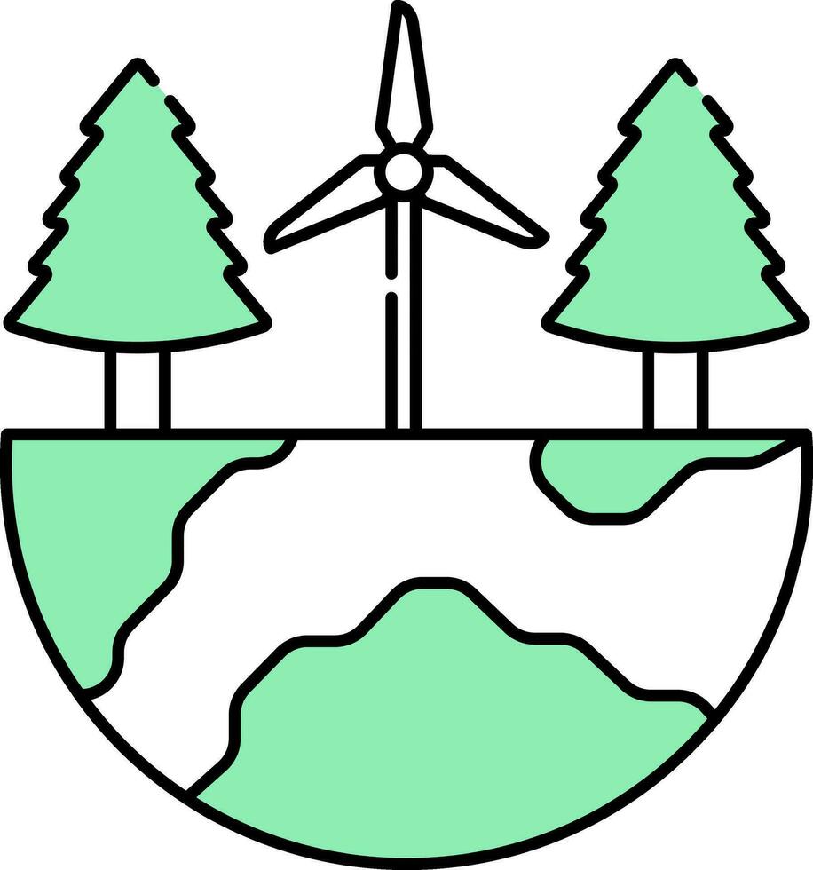 piatto stile mulino a vento con albero nel metà globo verde e bianca icona. vettore