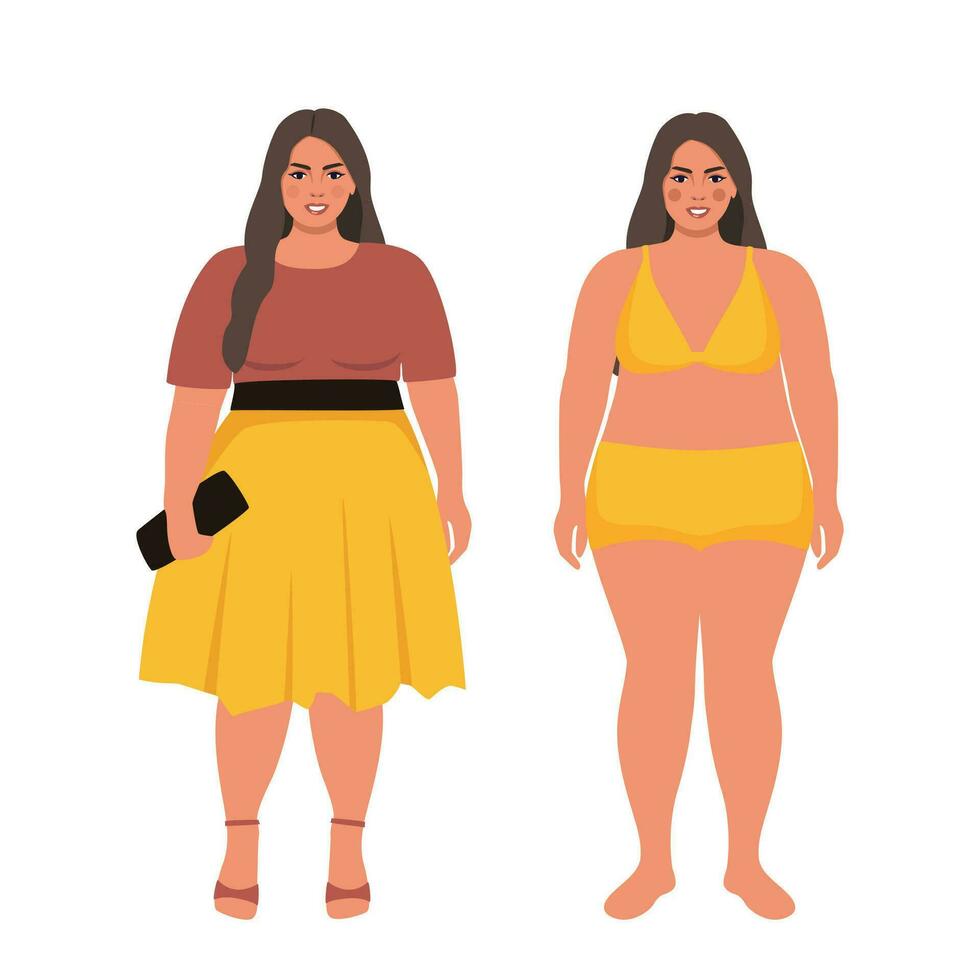 oversize obesità, bella grande signora nel bellissimo alla moda Abiti e nel biancheria intima. corpo positivo donna. più dimensione femmina carattere. attraente formosa, sovrappeso ragazza. vettore illustrazione.