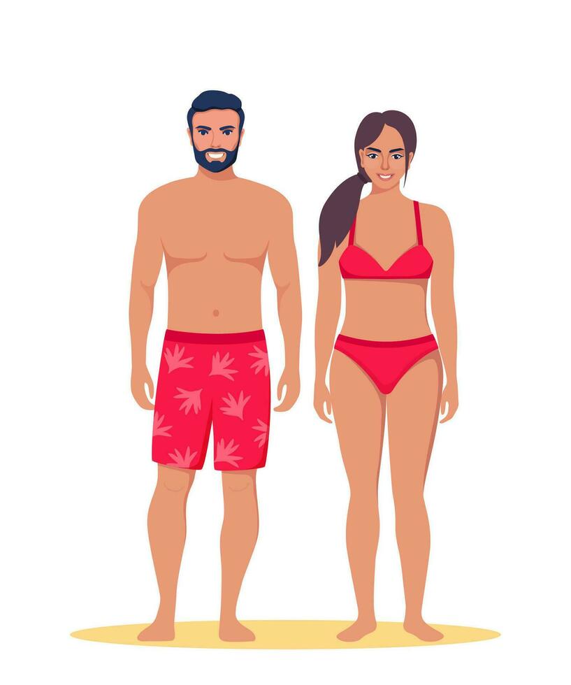 uomo e donna vestito nel costumi da bagno in piedi su il spiaggia. estate vacanze. bellissimo ragazza e tipo, coppia su vacanza. vettore illustrazione.