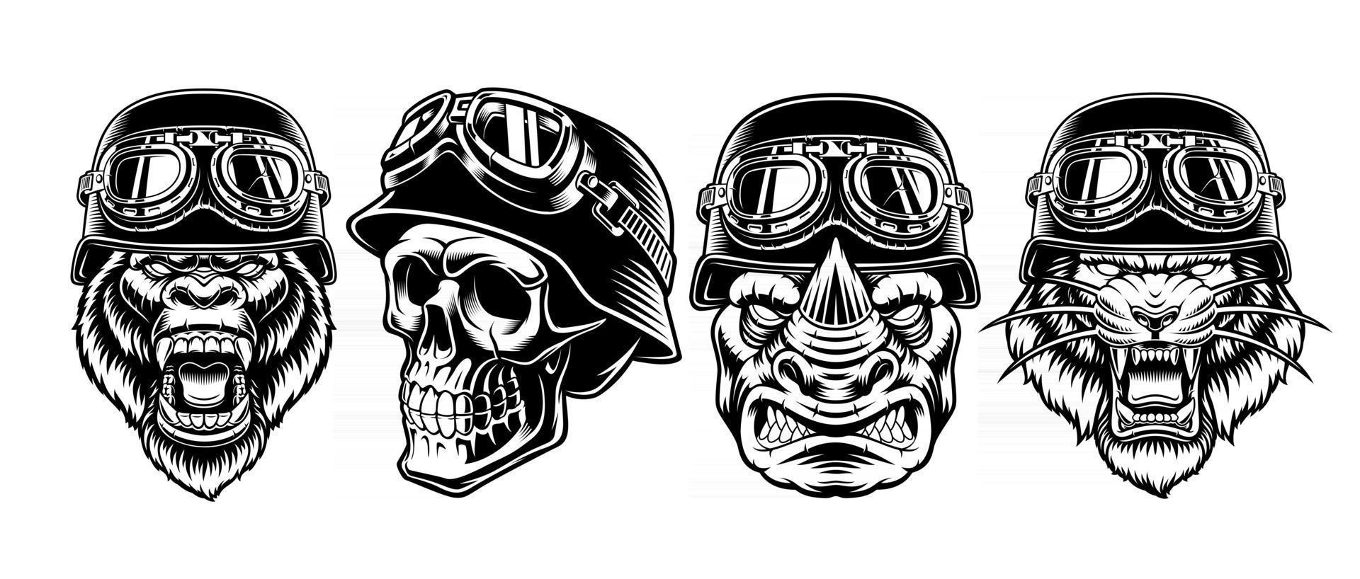 una serie di personaggi di motociclisti in bianco e nero vettore