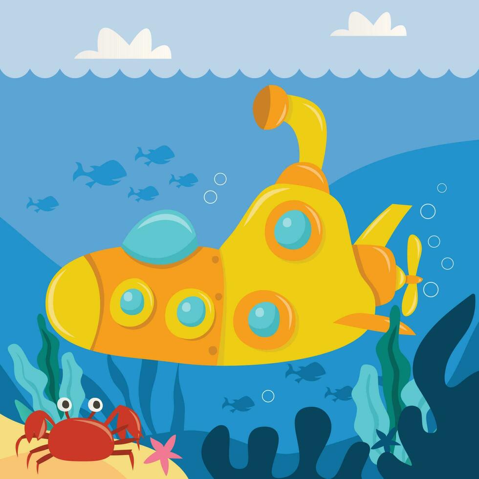 cartone animato giallo sottomarino subacqueo vettore