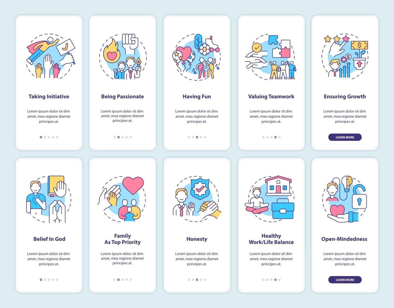 valori aziendali onboarding schermata della pagina dell'app mobile con concetti impostati vettore