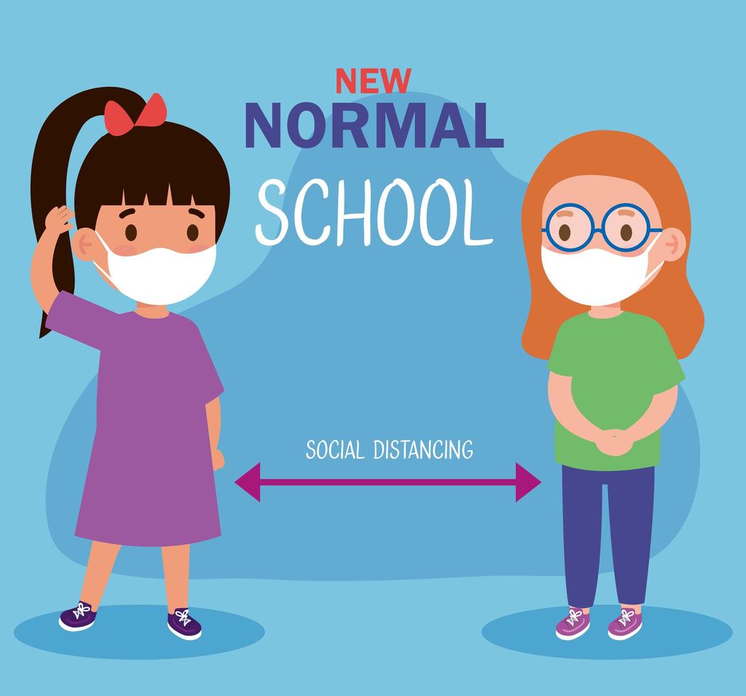nuova distanza sociale della scuola normale tra le ragazze i bambini con il disegno vettoriale di maschere