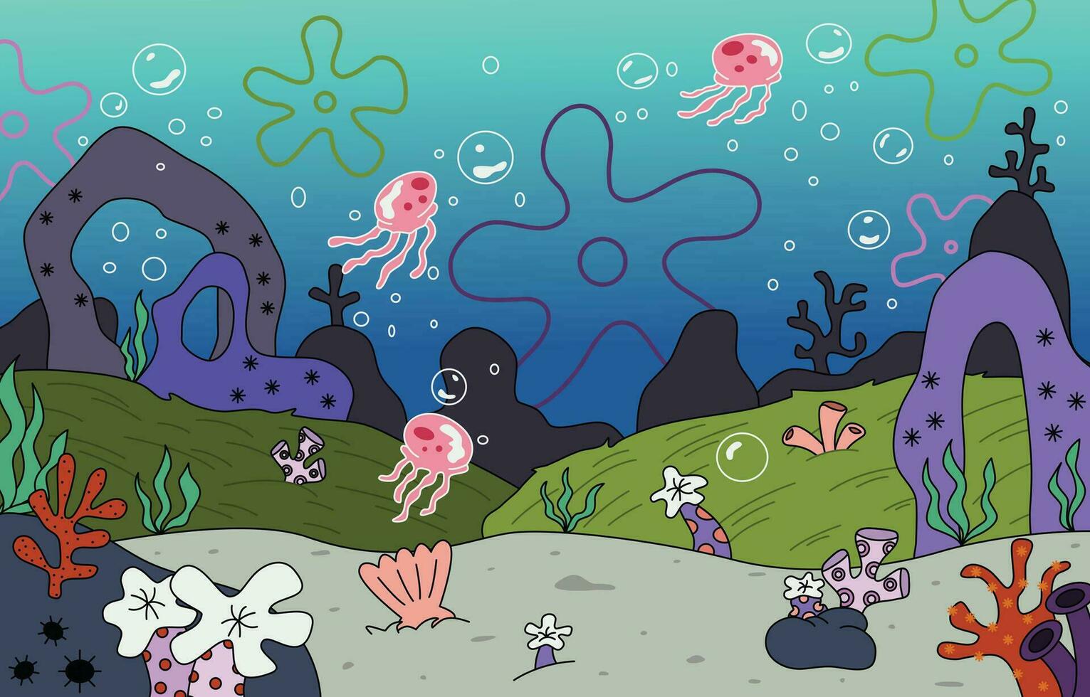 Medusa campo nel il parte inferiore di oceano sfondo vettore