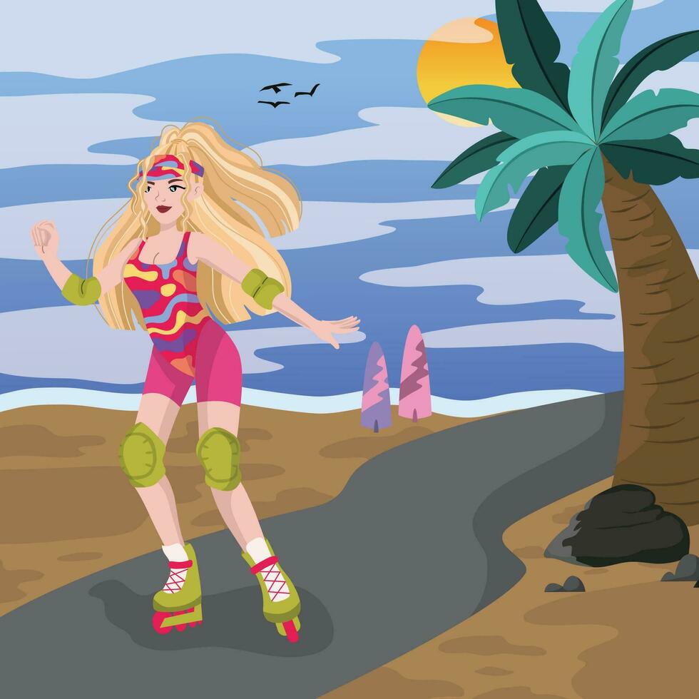 bionda ragazza passeggiando in giro su il spiaggia con sua rullo pattini vettore