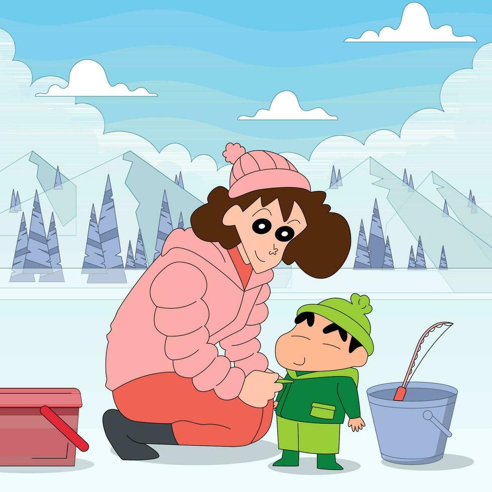 contento mamma e figlio giapponese cartone animato personaggio vettore