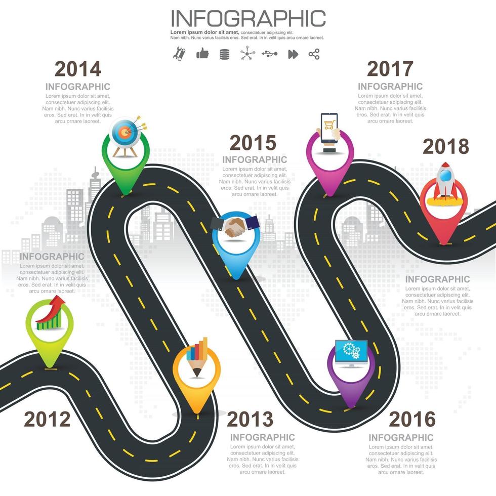 Icone infographic della cronologia della mappa stradale di affari progettate per il modello astratto del fondo vettore