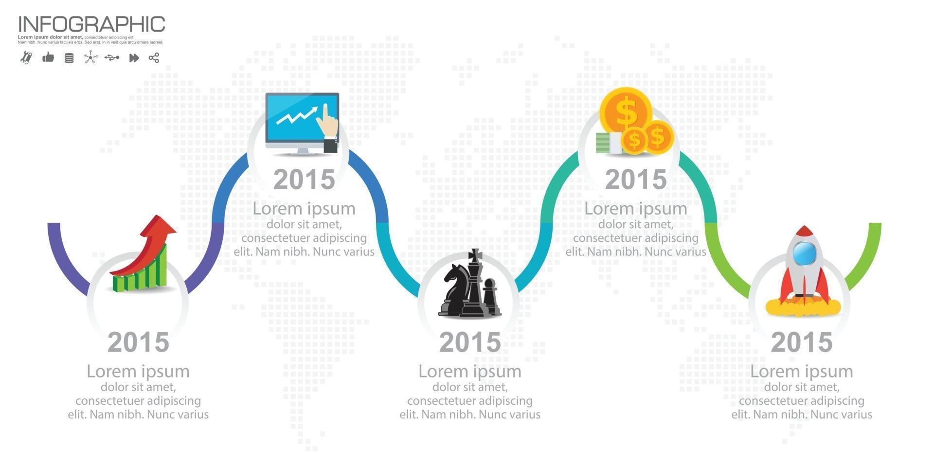 Timeline infografica road map con businessicons progettato per il modello elemento cardine moderno diagramma processo grafico illustrazione vettoriale