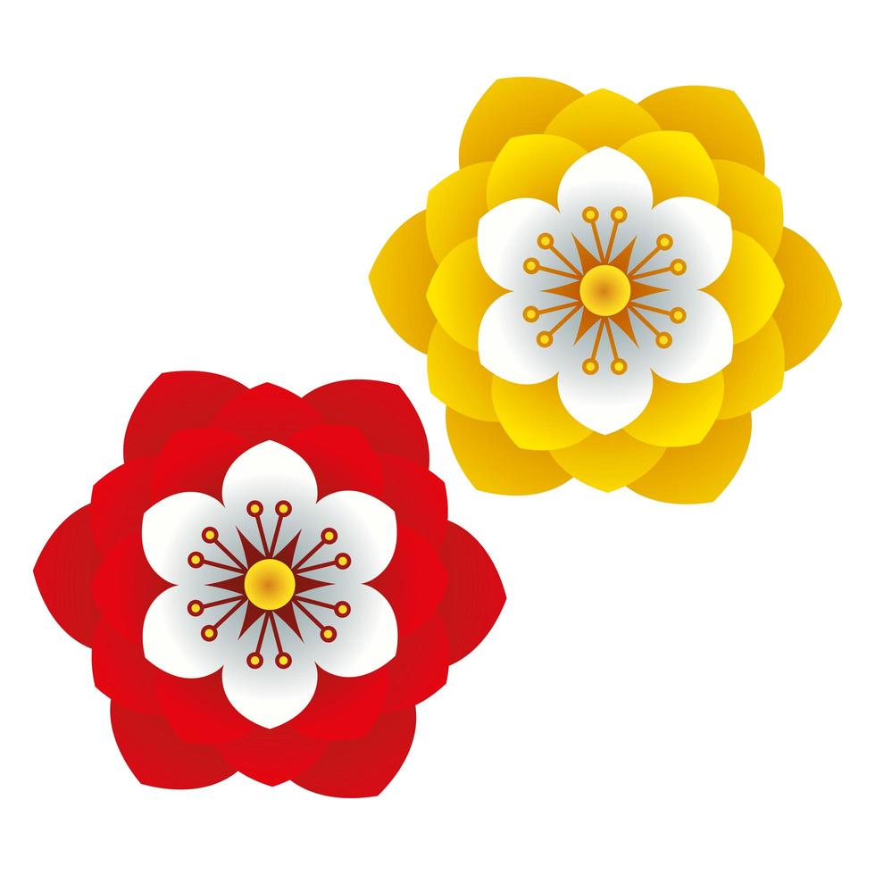 fiori e foglie icona decorativa di colori rosso e giallo vettore