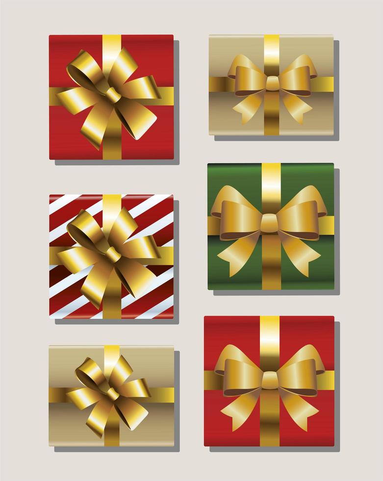 set di sei regali di buon Natale con icone di fiocchi d'oro vettore