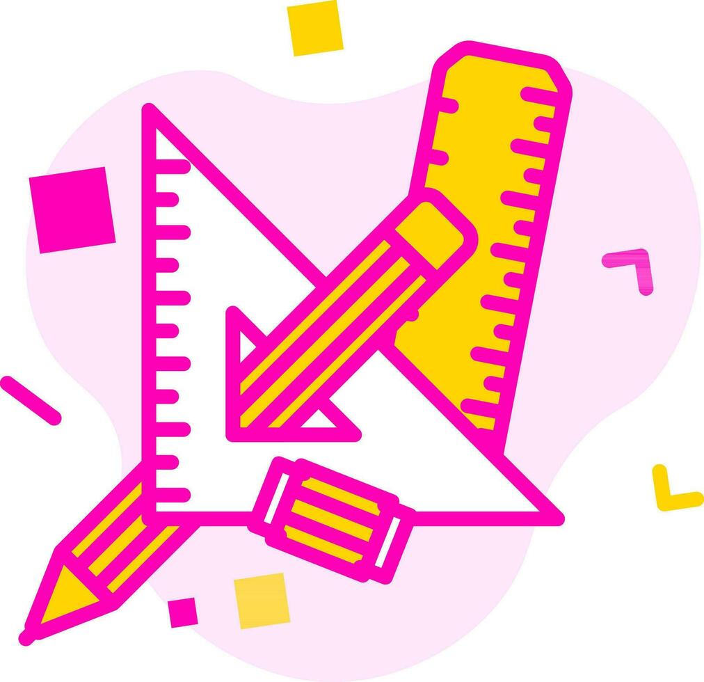 piatto stile geometrico elementi di triangolo righello con matita, righello scala e gomma per cancellare su astratto sfondo nel rosa e giallo colore. vettore