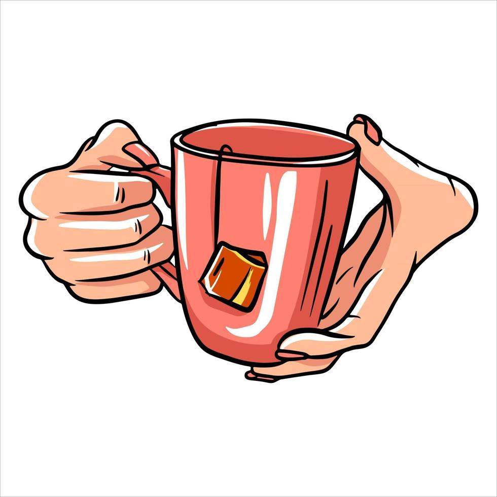 tazza di tè in mano una fragrante tazza di tè per colazione in stile cartone animato ristorante vettore