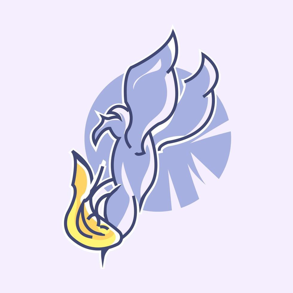 Uccello viola cattura e porta l'illustrazione di vettore di stile di linea piatta del carattere del logo del pesce