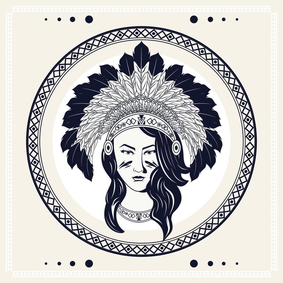 donna nativa americana con corona di piume in stile tribale cornice circolare vettore