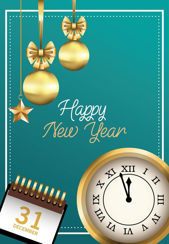 carta di felice anno nuovo con orologio e calendario vettore