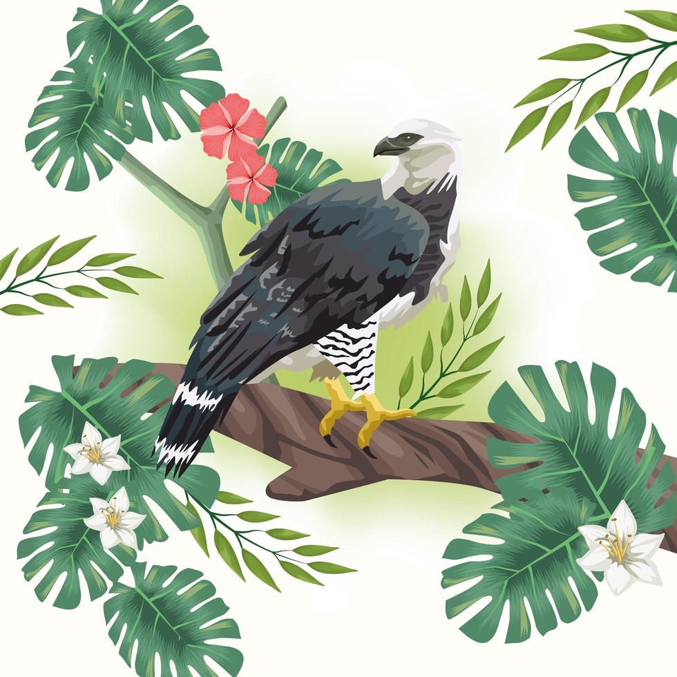 uccello aquila selvaggia con foglie tropicali vettore