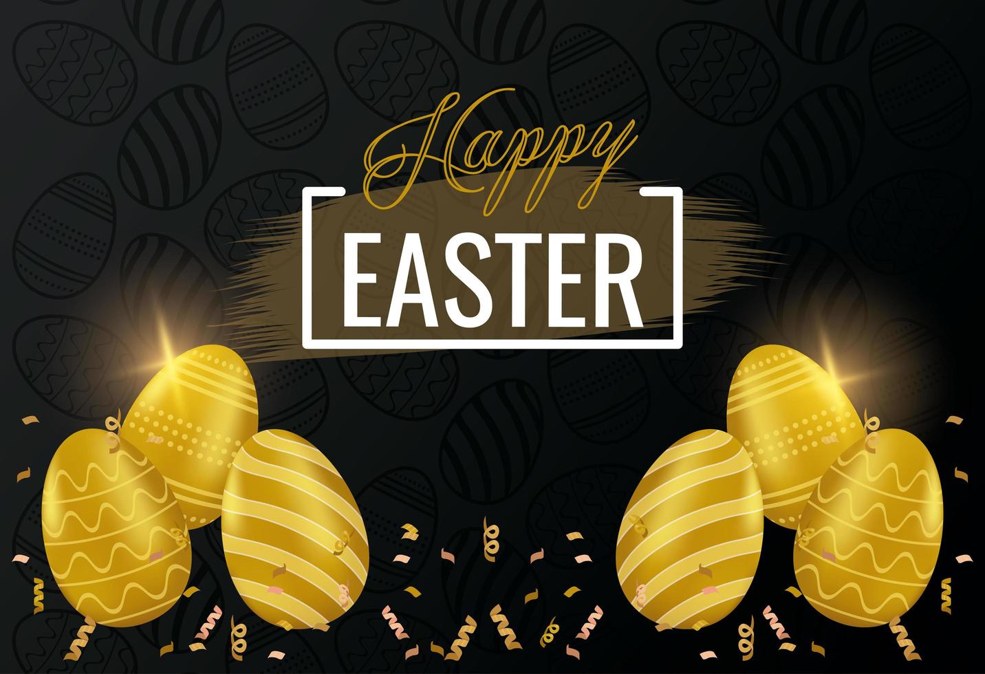 carta di buona Pasqua con scritte e uova d'oro dipinte vettore