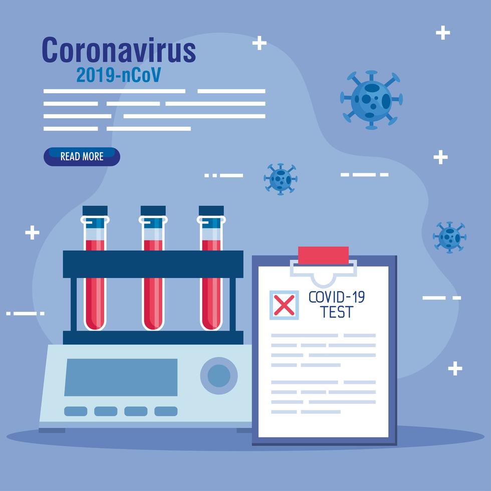 covid 19 provette per virus e disegno vettoriale di documento medico