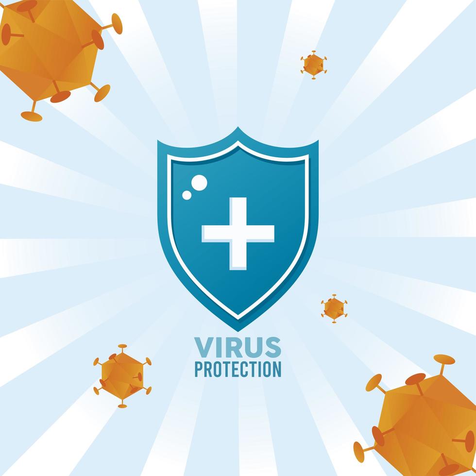 scudo di protezione antivirus con particelle covid19 di colore arancione e scritte vettore
