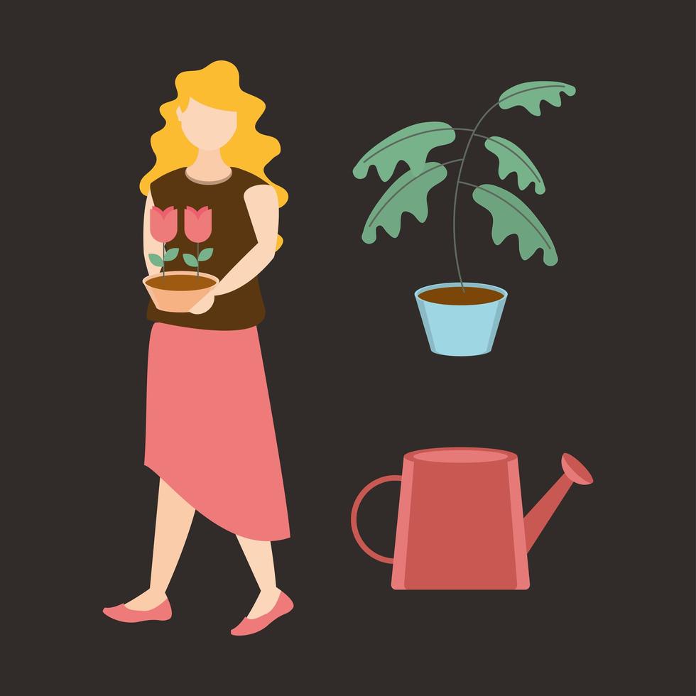 donna che tiene i fiori in vaso pianta in vaso e annaffiatoio icone di giardinaggio vettore