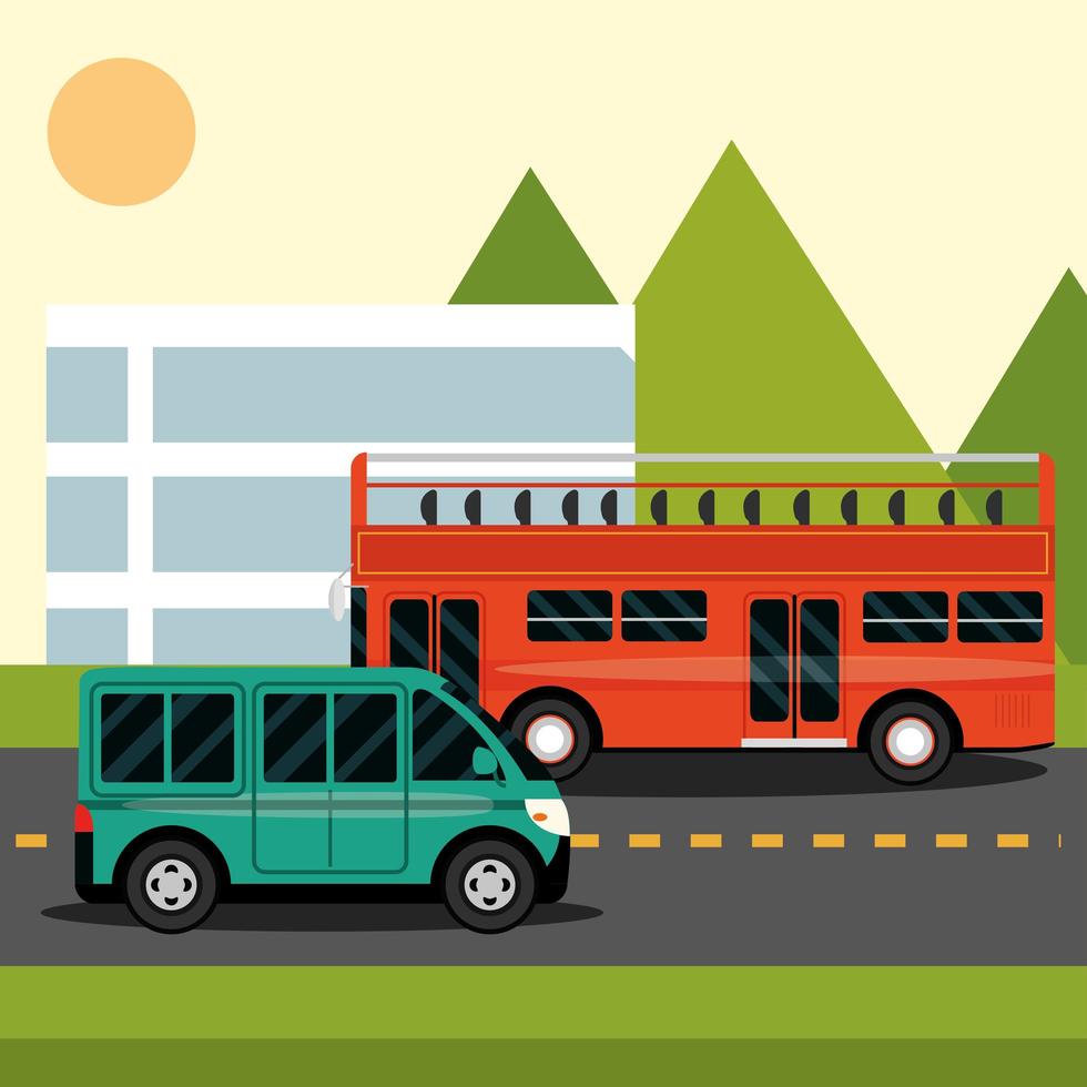 autobus e minibus sul cartone animato della città di strada vettore