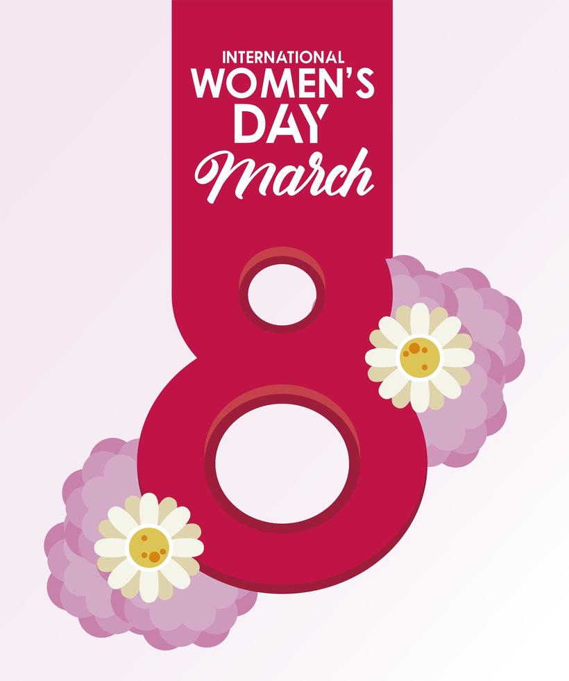 poster di celebrazione della giornata internazionale della donna con numero otto e fiori lilla vettore