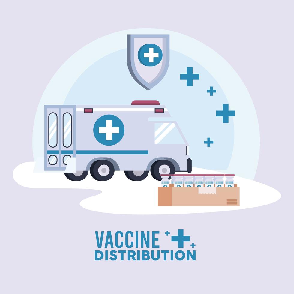 tema della logistica di distribuzione del vaccino con ambulanza e fiale in scatola di cartone vettore