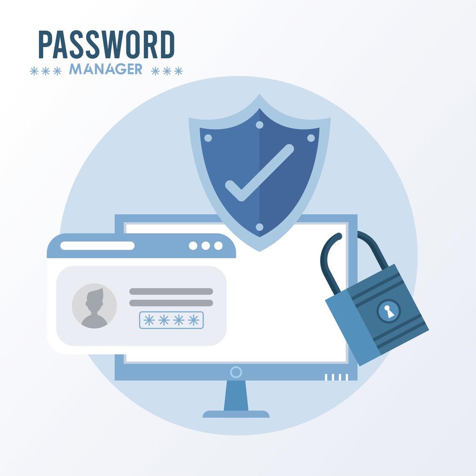 tema del gestore di password con simbolo di spunta sullo scudo e sul desktop vettore