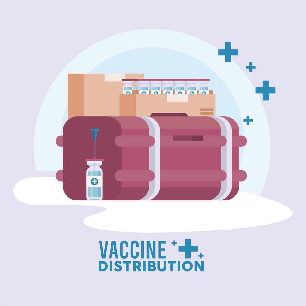 tema della logistica di distribuzione del vaccino con fiale in scatole e congelatore vettore