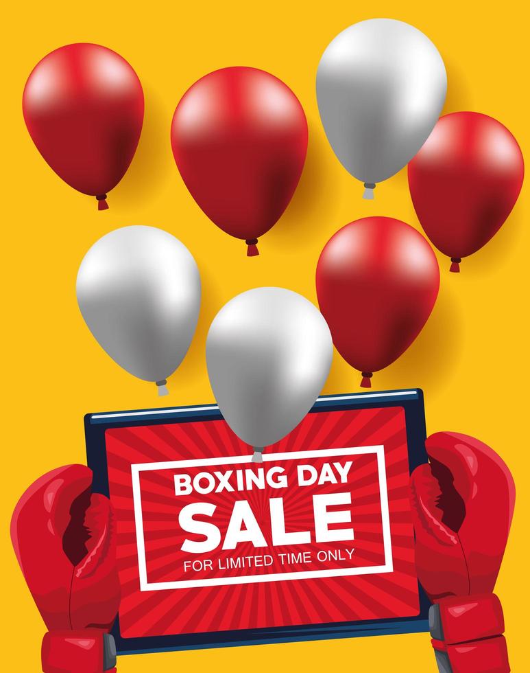 poster di vendita di boxing day con tablet e palloncini elio vettore