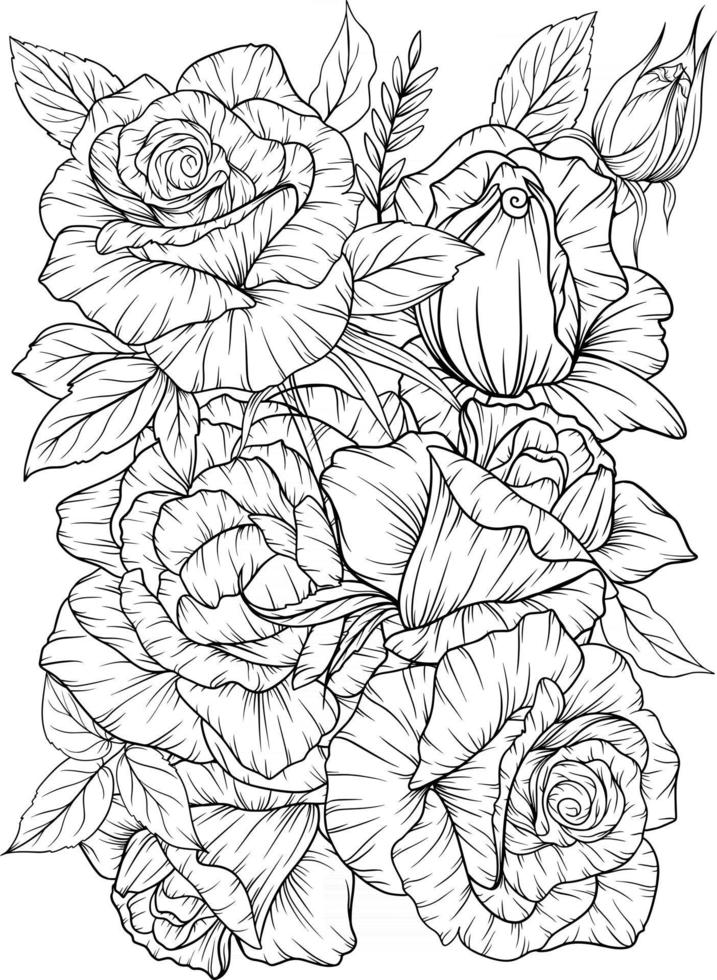 pagina da colorare con rose e foglie contorno bianco e nero, fiore da colorare antistress linea arte vettore