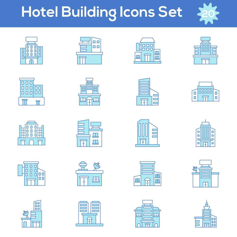 blu e bianca colore impostato di Hotel o edificio icona nel piatto stile. vettore