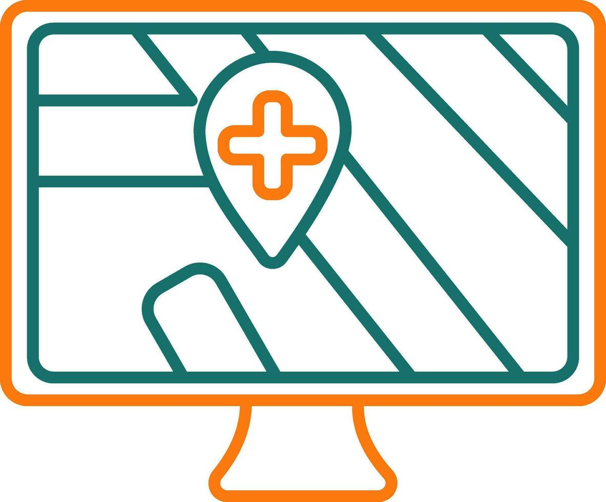 verde e arancia linea arte medico strada Posizione punto su carta geografica nel tenere sotto controllo schermo icona. vettore