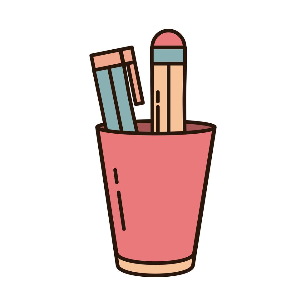 penna e matita di istruzione scolastica nella linea di alimentazione della tazza e icona di stile di riempimento vettore