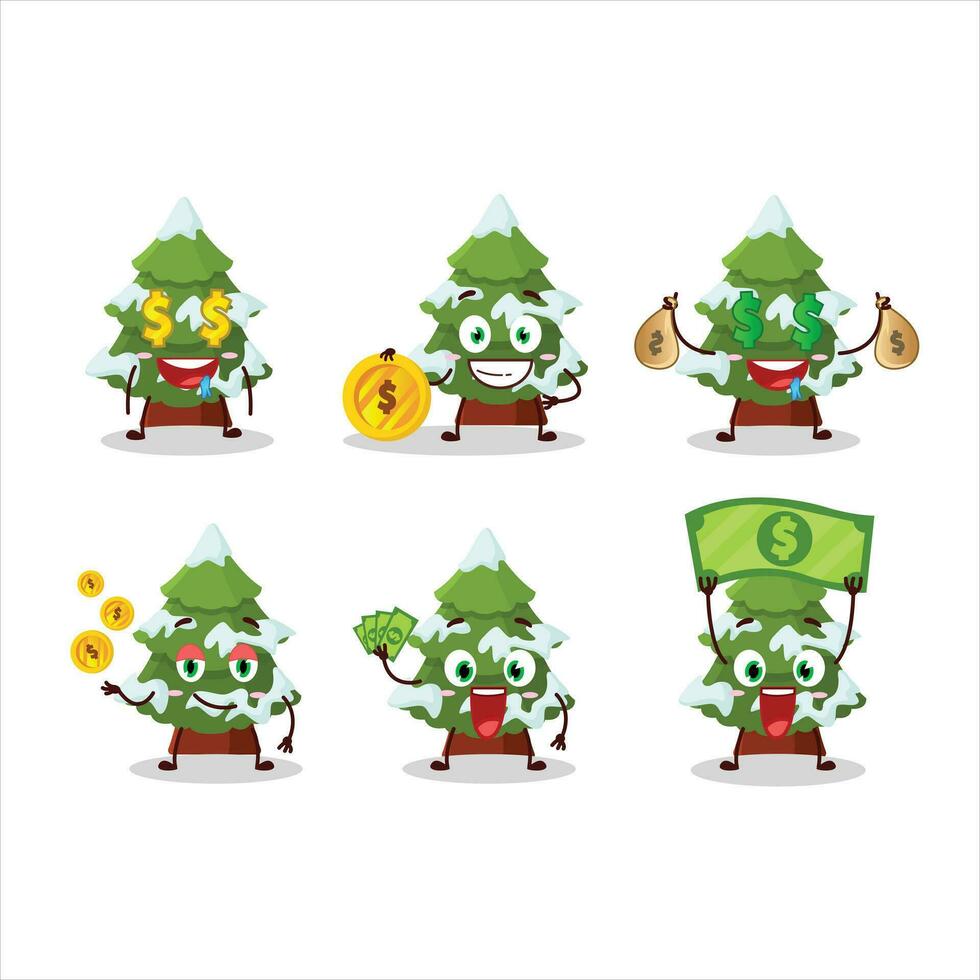 verde neve Natale albero cartone animato personaggio con carino emoticon portare i soldi vettore