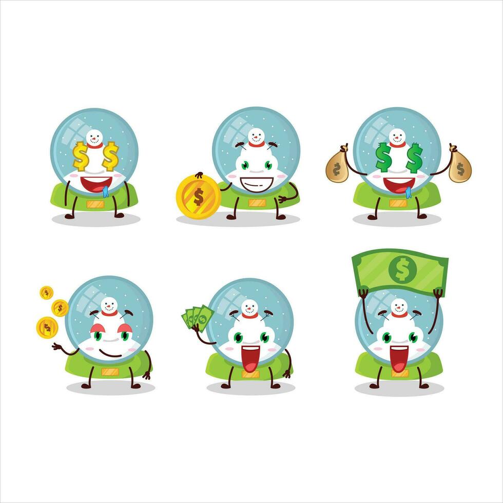 palla di neve con pupazzo di neve cartone animato personaggio con carino emoticon portare i soldi vettore