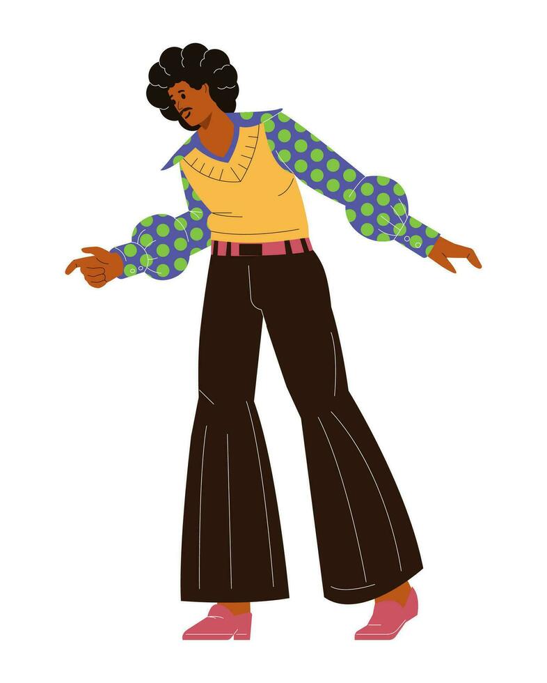 africano americano uomo nel il 70s stile attrezzatura danza discoteca piatto vettore illustrazione.