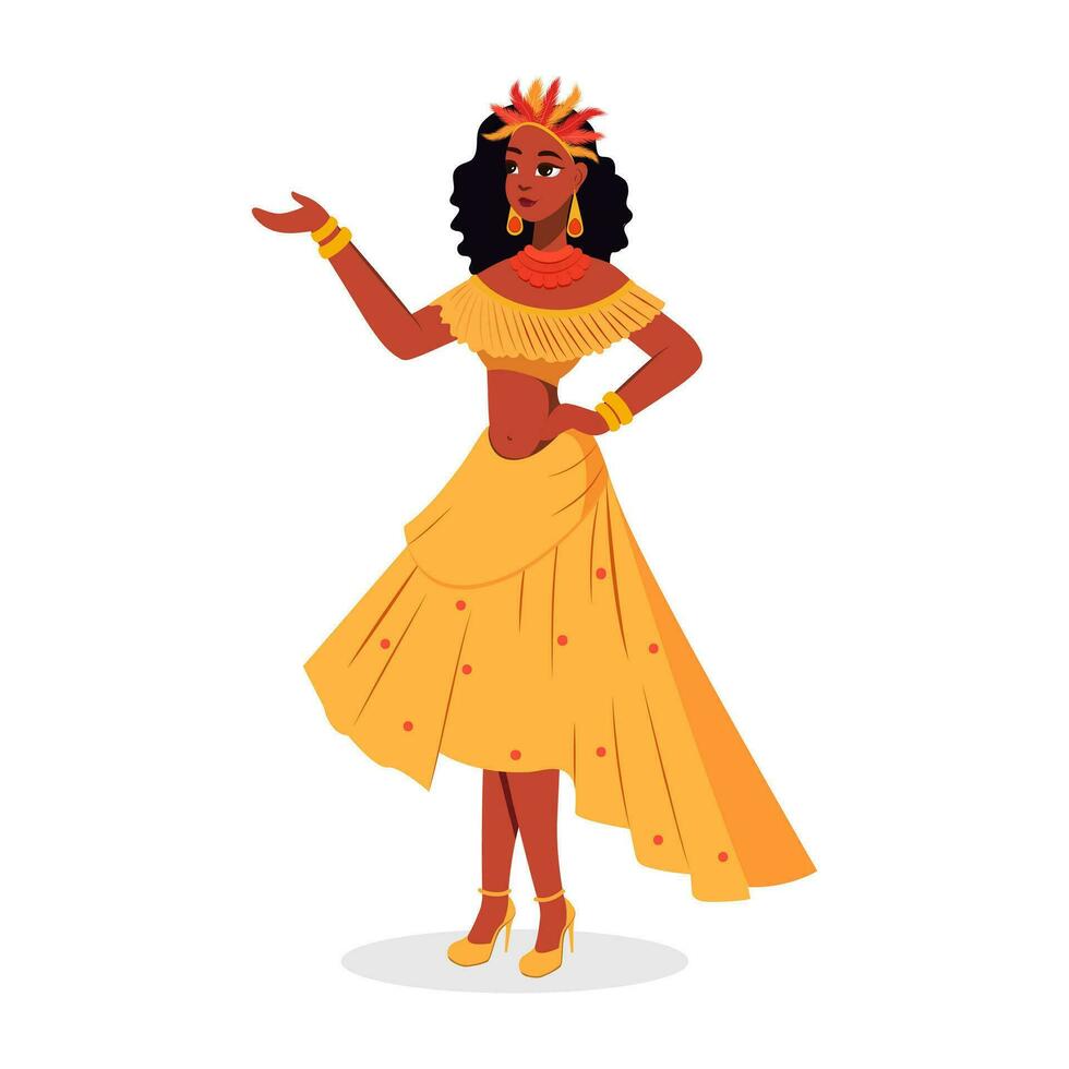 piuma copricapo indossare brasiliano femmina personaggio nel danza posa. carnevale o samba danza concetto. vettore