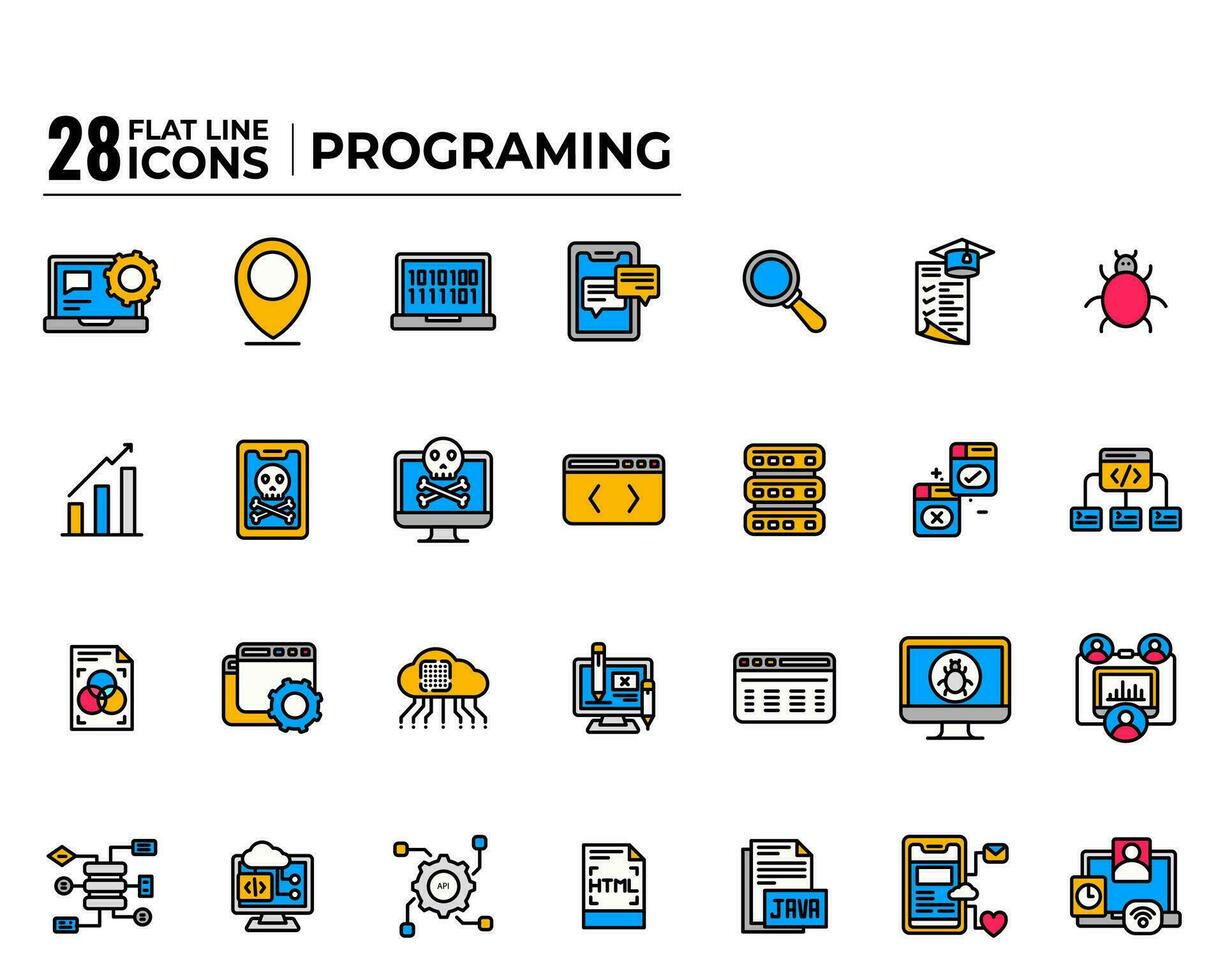 28 colorato piatto programmazione icona impostare. vettore