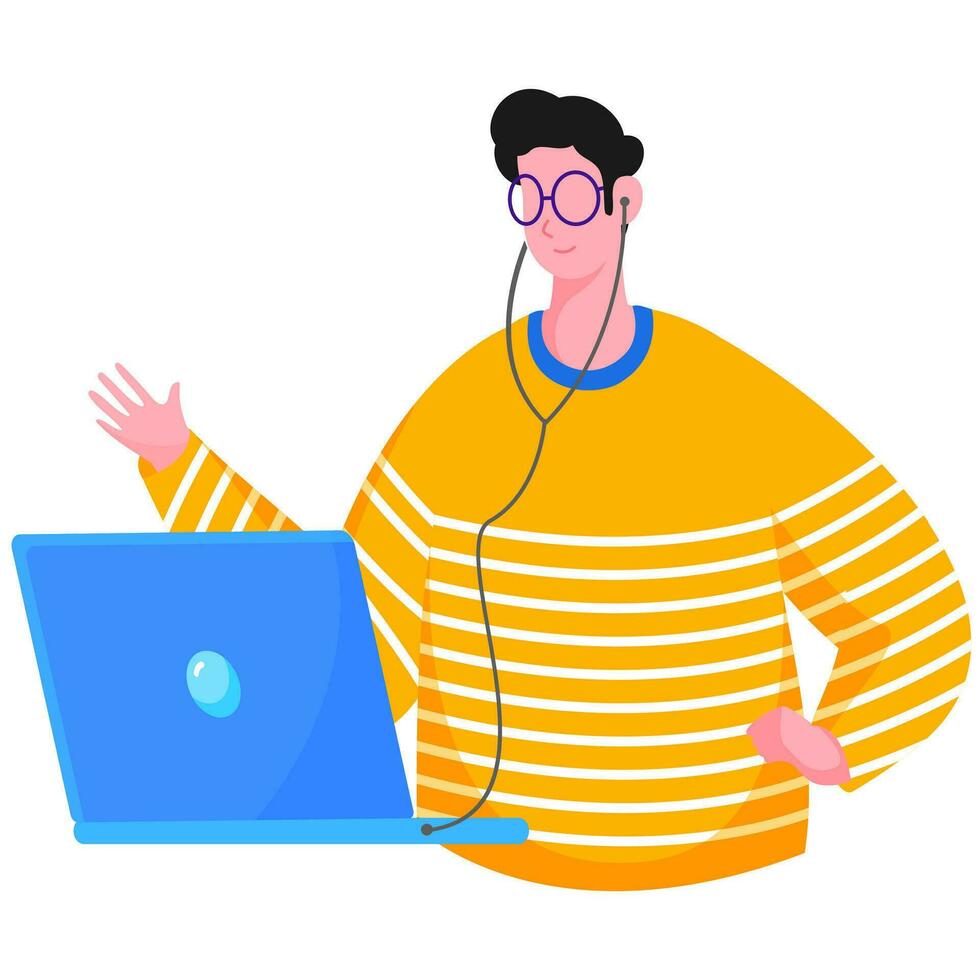 personaggio di uomo indossare auricolari interagendo su video chiamata attraverso il computer portatile. vettore