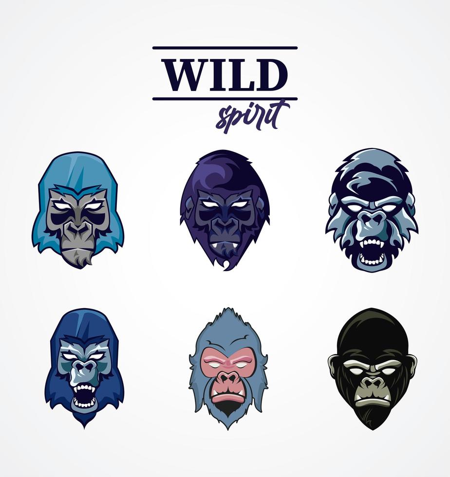 caratteri di spirito selvaggio con set di teste di gorilla vettore