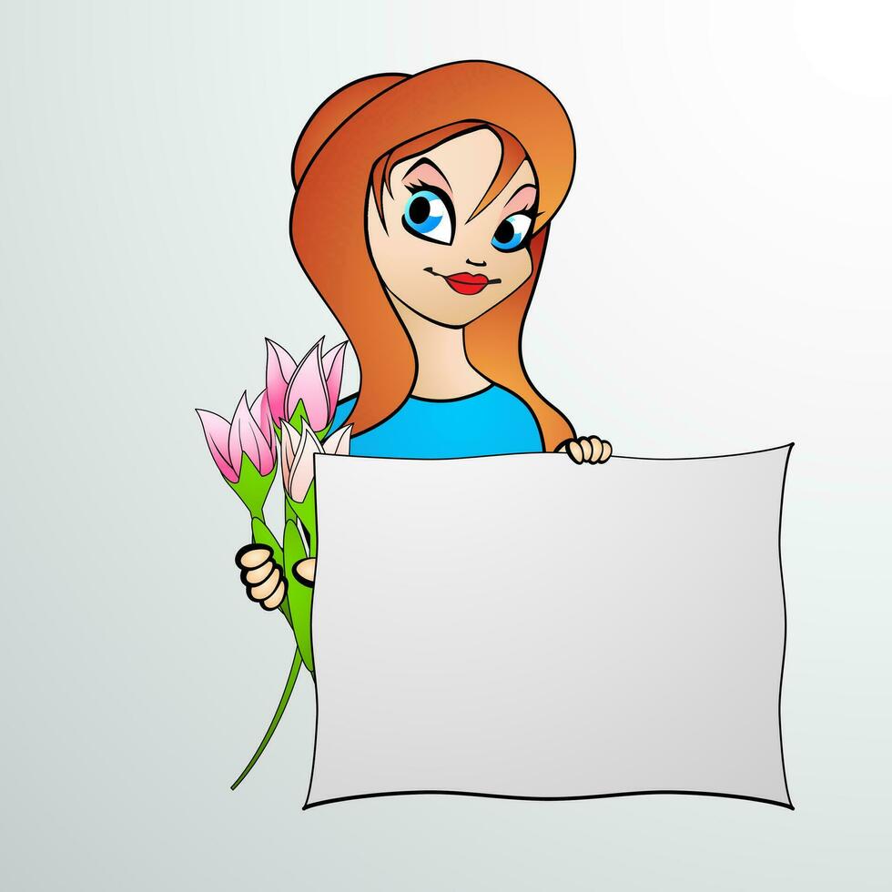 illustrazione di carino cartone animato ragazza personaggio Tenere fiore e dare spazio per testo. vettore