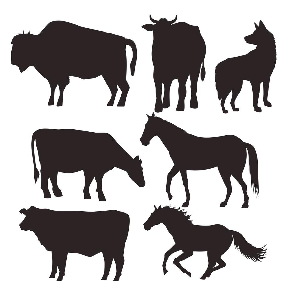 cavalli e mucche animali neri sagome icone isolate vettore
