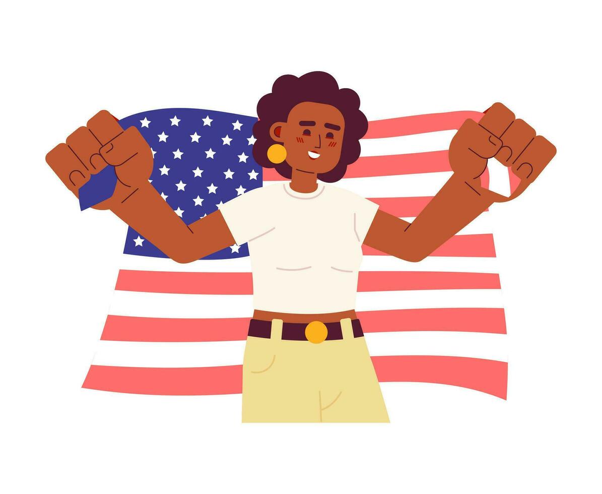 africano americano donna Tenere americano bandiera semi piatto colorato vettore carattere. indipendenza giorno Stati Uniti d'America. modificabile metà corpo persona su bianca. semplice cartone animato individuare illustrazione per ragnatela grafico design