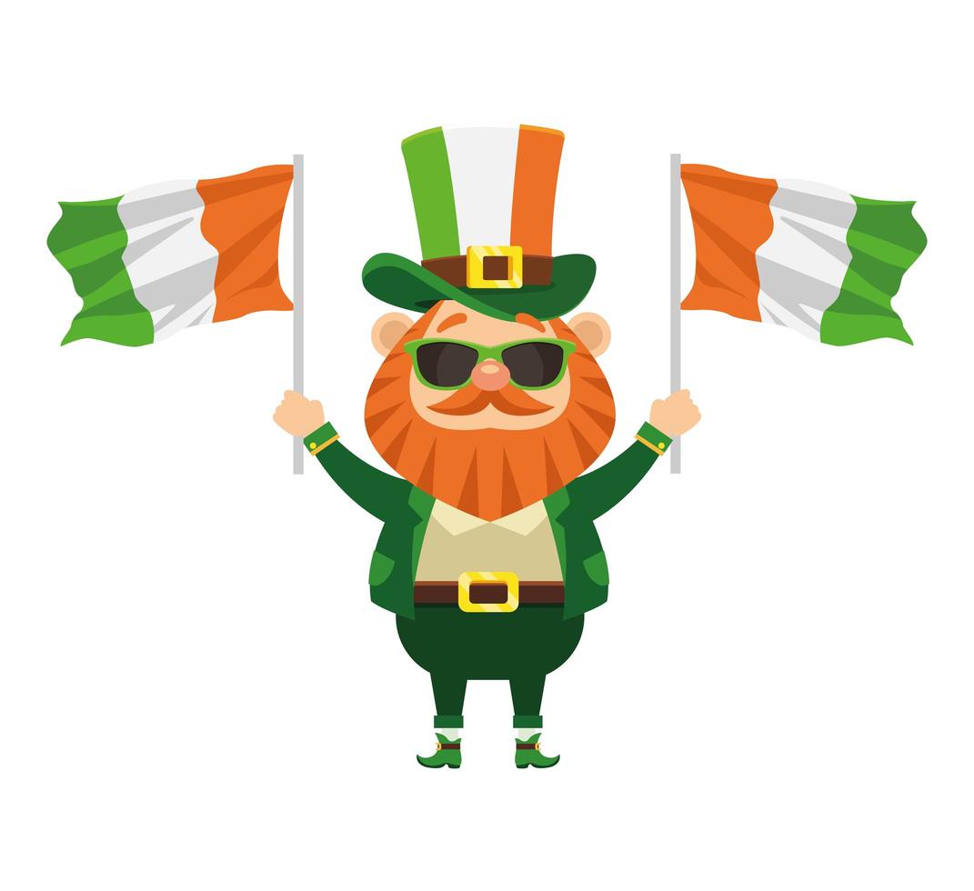 personaggio leprechaun di San Patrizio con occhiali da sole e bandiere irlandesi vettore