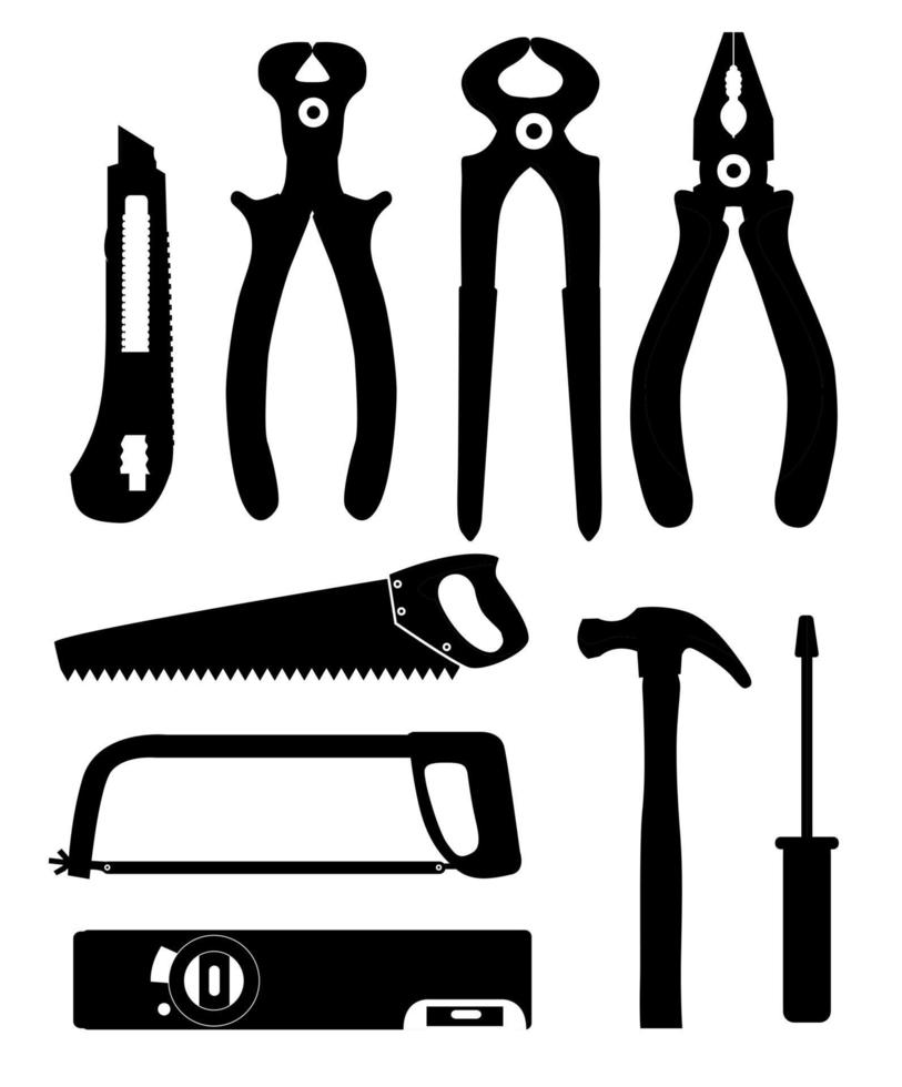 set di icone isolate costruzione di strumenti per la riparazione. pinze, tronchesi, sega, coltello, martello, cacciavite e livella. vettore