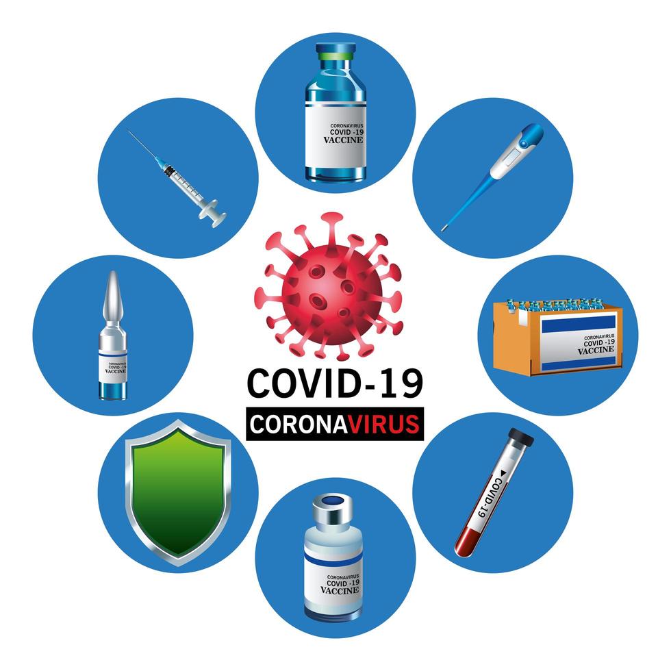 lettering vaccino virus covid19 con set di icone intorno vettore