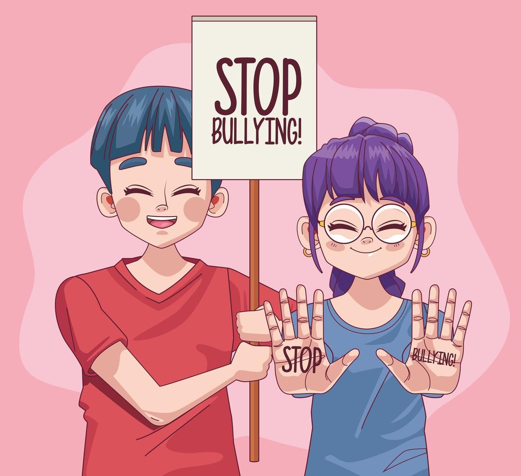 giovani adolescenti coppia con stop bullismo scritte in banner di protesta vettore
