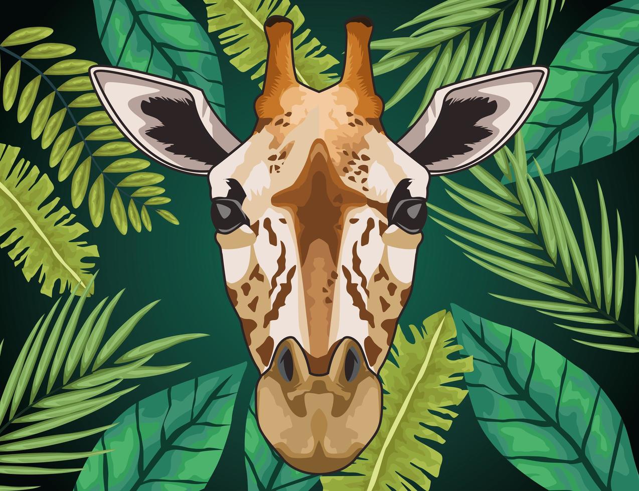 giraffa animale selvatico carattere testa in foglie fogliame sfondo vettore
