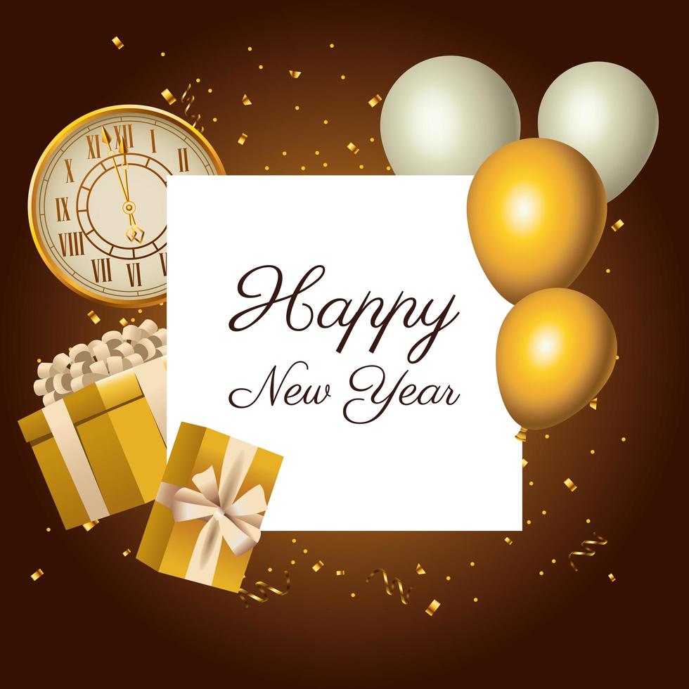 felice anno nuovo orologio d'oro e scritte con palloncini elio vettore